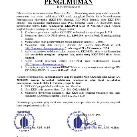 Biaya, Alur Pembayaran, Entri Data dan Timeline KKN-PPM Angkatan XLVI Semester Gasal T.A. 2024/2025