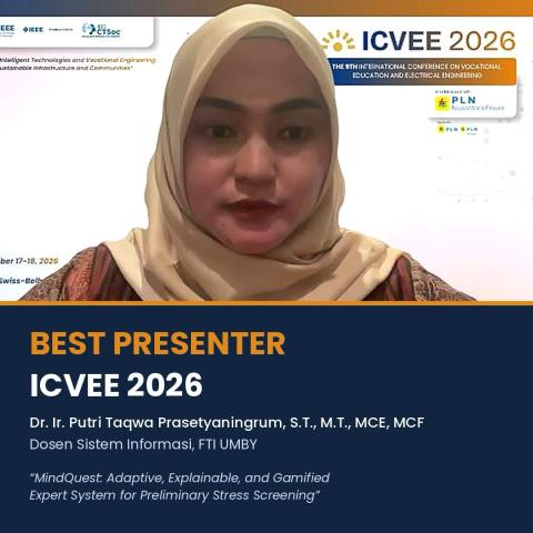 Dosen Sistem Informasi FTI UMBY Raih Best Presenter di ICVEE 2026 Lewat Riset Sistem Pakar Skrining Stres “MindQuest”