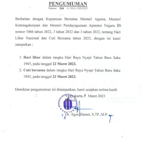 Pengumuman Libur Hari Raya Nyepi dan Cuti Bersama Hari Raya Nyepi