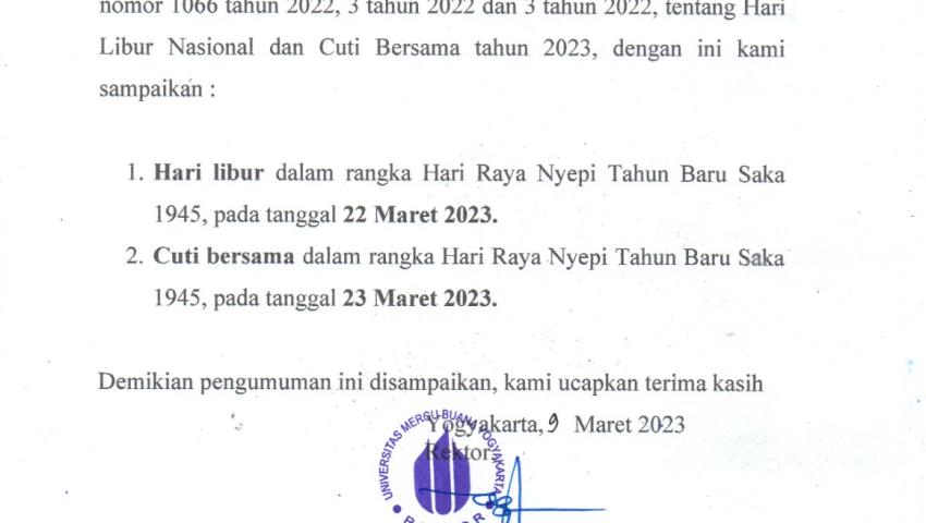 Pengumuman Libur Hari Raya Nyepi dan Cuti Bersama Hari Raya Nyepi